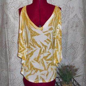 Lolly S Mustard Yellow/White Leaf Pattern V-neck Batwing Cold Shoulder Top